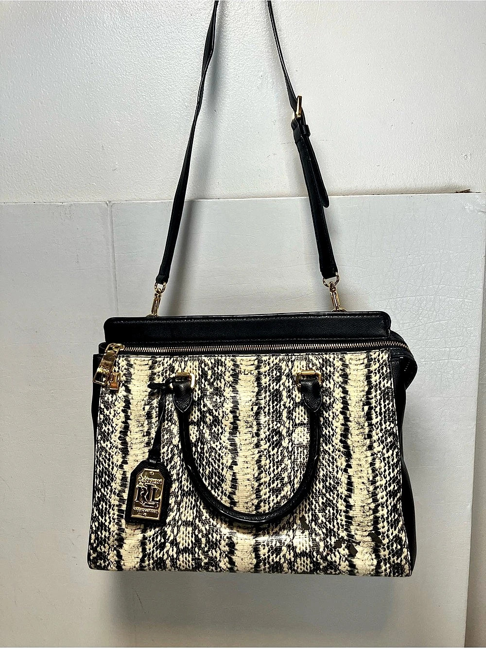 Lauren Ralph Lauren Animal Print Shoulder Bag in Black & Cream